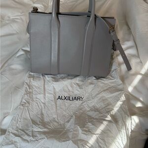 Auxiliary Light Gray Leather Satchel with Removable Shoulder Strap